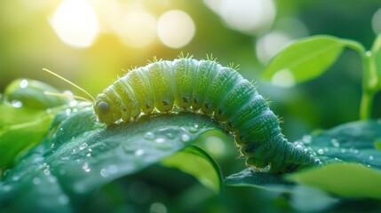 Naklejka premium Green caterpillar on dewy leaf, sunlight