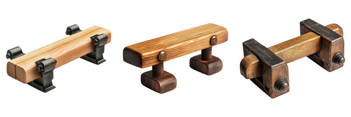 Three wooden benches are shown, each with a different design