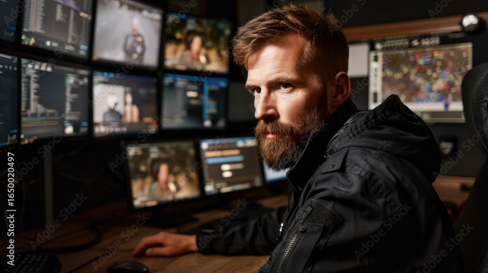 Poster focused man with beard sits front of multiple computer screens, monitoring various feeds. his seriou