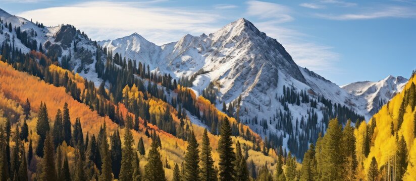 "vibrant autumn forest, snow-capped mountains, dramatic peaks, lush greenery, vivid colors, serene landscape, natural beauty, scenic overlook, breathtaking vista, majestic mountain range, picturesque  - Powered by Adobe