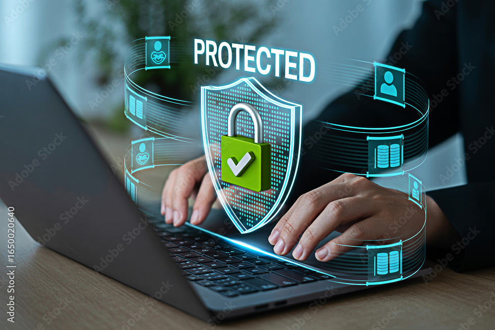 Aufkleber cyber security data protection concept hands typing on laptop with shield and padlock icon 3d render
