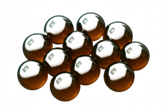 Glossy, translucent brown spheres clustering together, presenting scientific, medical, or abstract visualization concept against transparent backdrop