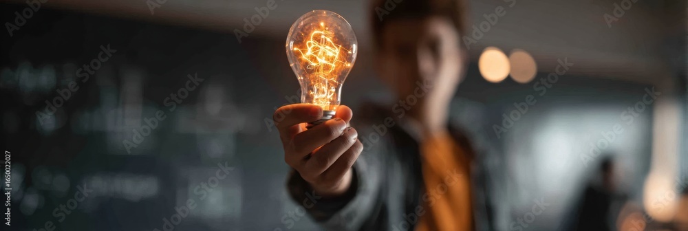 Poster holding a light bulb with glowing filaments in a classroom setting during an engaging science lesson