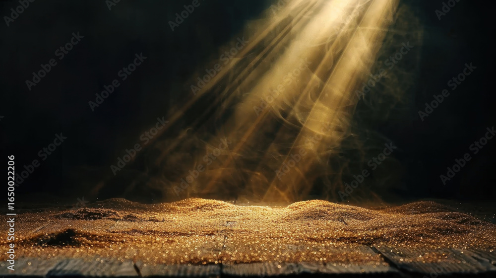 Poster golden particles shimmer in soft light, creating magical atmosphere. warm glow highlights texture of