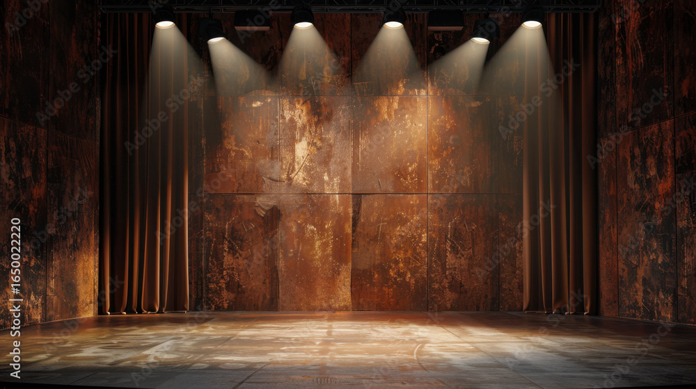 Poster dramatic stage setting featuring textured, rust colored backdrop with soft lighting illuminating are