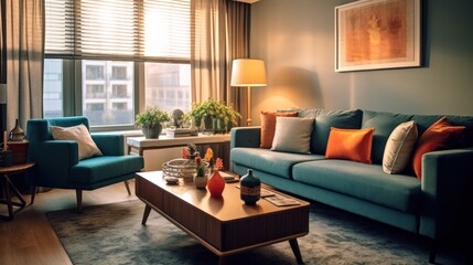 Fototapeta premium detailed interior living room, cozy modern rustic style, plush velvet sectional sofa, wood coffee table with decorative items, large windows with curtains, warm lighting, textured walls, eclectic deco