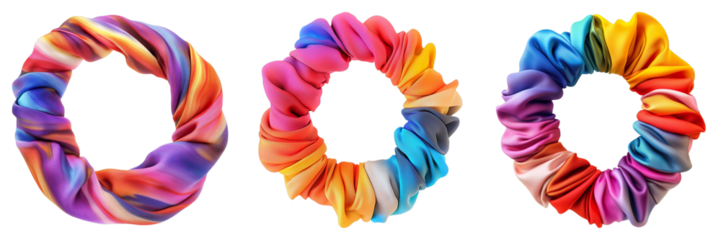 Three colorful scrunchies are displayed on a white background