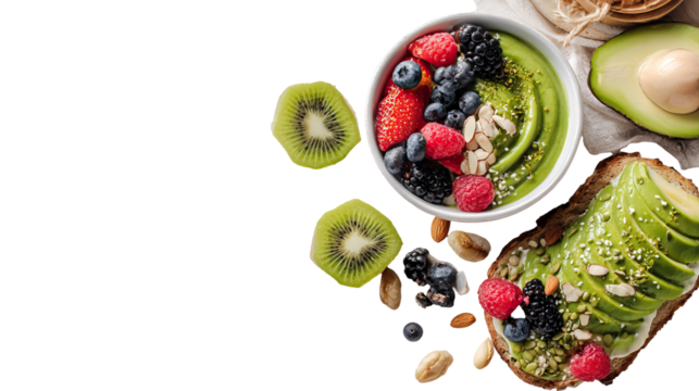 Healthy Breakfast Flat Lay with Smoothie Bowl, Avocado, and Toast on Transparent Background