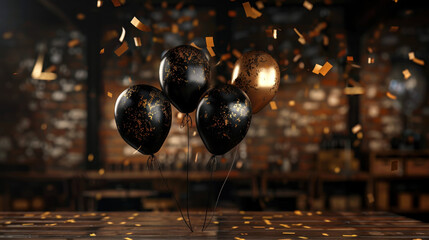 Naklejka premium Celebratory balloons in black and gold colors float amidst shower of golden confetti, creating festive atmosphere perfect for parties and special occasions