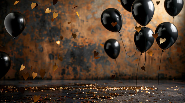 Black balloons float against textured background, surrounded by golden heart shaped confetti. scene evokes festive and romantic atmosphere, perfect for celebrations
