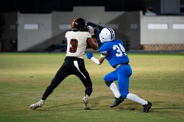 Football receiver reaches for incoming pass as defender closes in during intense night game, capturing peak action and competitive energy on the field.