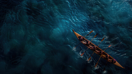 Group of rowers in wooden boat glides smoothly across shimmering blue water, creating gentle ripples. scene captures harmony of teamwork and beauty of nature