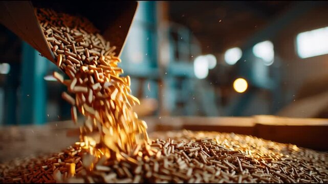 Detailed side view showing biomass pellets being loaded into a container in a factory with golden light, illustrating the renewable energy fuel production process.