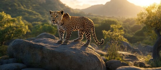 Obraz premium leopard, majestic animal, savannah landscape, golden hour lighting, dramatic mountain backdrop, nature wildlife photography, cinematic composition, detailed fur texture, powerful predator 