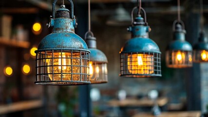 Vintage industrial hanging lanterns glowing warmly suspended indoors - Powered by Adobe