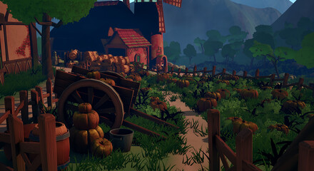 谷底の村　かぼちゃ畑と風車の村 © タラコおにぎり