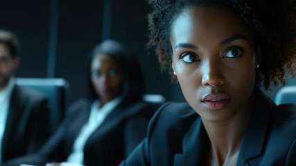 A confident career woman in a professional business setting, wearing a suit. She is sitting at the head of an executive conference table with other attendees.