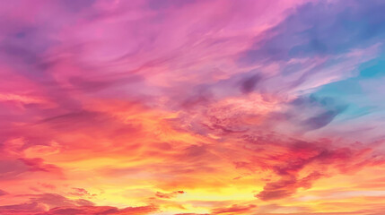 Obraz premium Breathtaking sunset sky with vibrant hues of pink, purple, and orange blending seamlessly, creating serene and calming atmosphere. clouds add texture and depth to stunning view