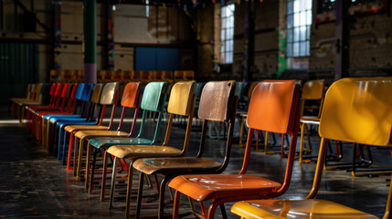 Colorful chairs arranged in row create vibrant atmosphere in spacious hall. mix of hues adds playful touch to industrial setting, inviting creativity and interaction