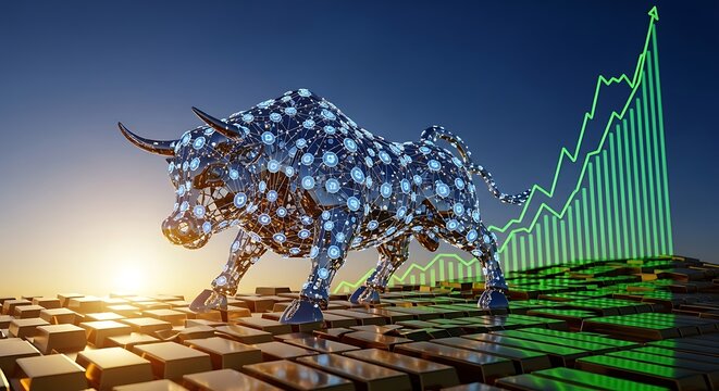 Digital bull on golden bar background with rising green graph representing stock market trends and - Powered by Adobe