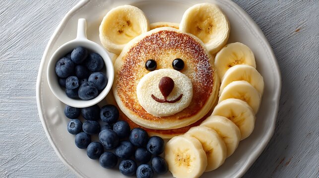 Adorable bear-shaped pancakes with blueberries and bananas delight kids!