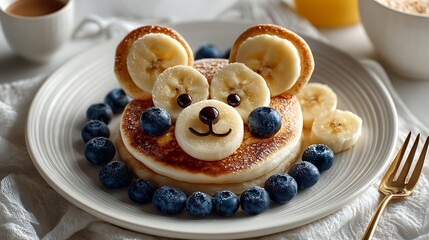 Adorable bear face pancakes with blueberries and banana for a delightful breakfast