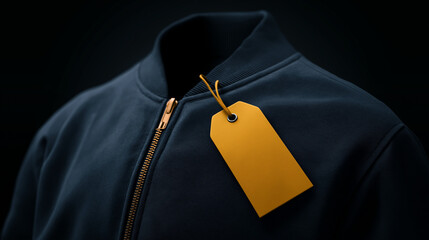 Plain mustard yellow tag on chest pocket of navy blue bomber jacket against charcoal background