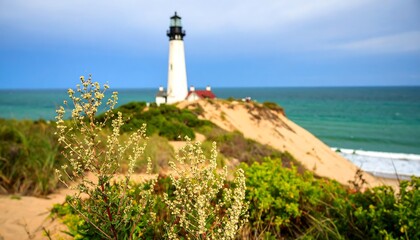 Coastal landscape with lighthouse and dunes.