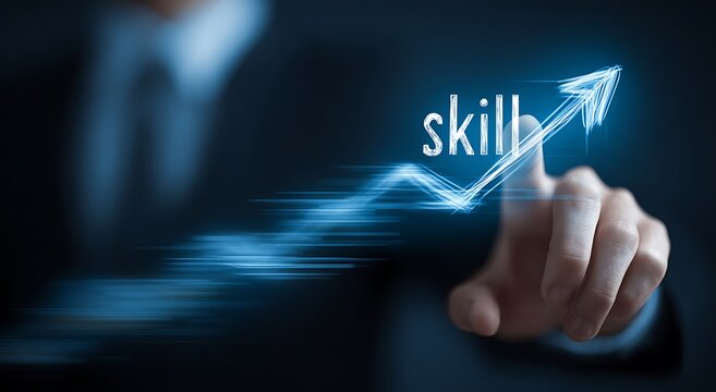Businessman's hand points to glowing upward trend graph with the word skill growth development
