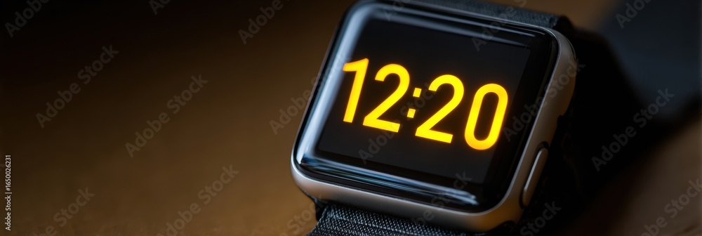 Poster smartwatch displaying the time 1220 on a sleek surface illuminated by soft lighting
