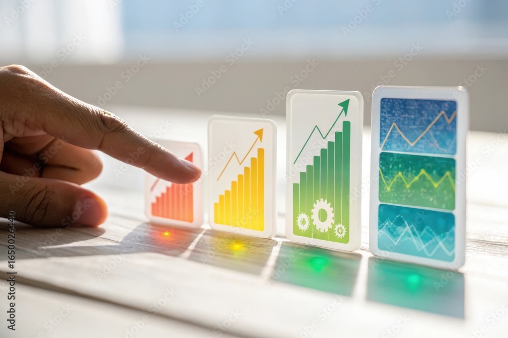 Aufkleber hand pointing at transparent acrylic blocks displaying financial growth charts and data