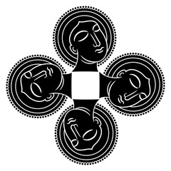 Geometrical cross shape design with four heads of a Christian saints in nimbuses. Medieval religious design. Black and white silhouette.