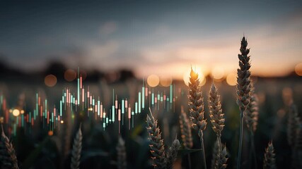 Agricultural Commodity Trading Chart over Wheat Field at Sunset - Powered by Adobe
