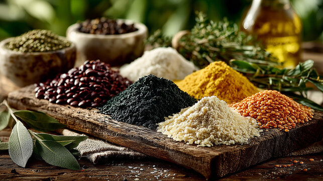 Artistic Array of Premium Grains and Spices on Rustic Table, Sunlit Farm-to-Table Composition