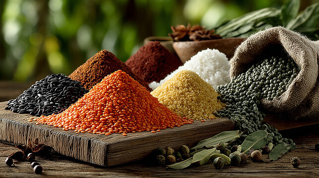 Artistic Array of Premium Grains and Spices on Rustic Table, Sunlit Farm-to-Table Composition