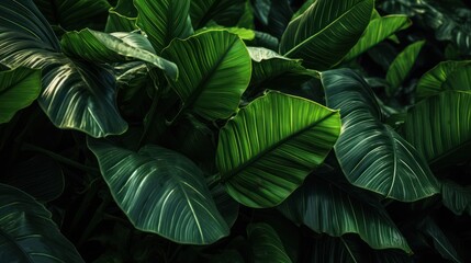 lush tropical foliage, dense leafy canopy, verdant green leaves, vibrant plant life, detailed botanical textures, dramatic lighting and shadows, moody atmospheric background, dense jungle-like environ