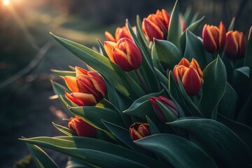 Sunlit orange tulips blooming in a garden with soft bokeh background