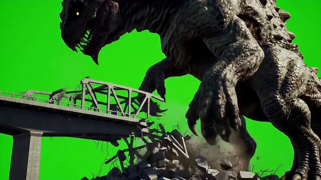 Giant Creature Destroys Urban Environment on Green Background with ai generated