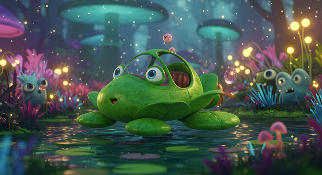 Enchanted amphibious vehicle adventure: A whimsical journey through a fantastical swamp landscape, featuring a leaf-shaped car, glowing mushrooms, and curious creatures, fostering childlike wonder