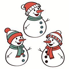 Three cheerful snowmen wearing winter hats and scarves