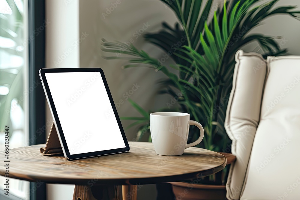 Poster detailed image of close up of minimal worktable with tablet and coffee mug