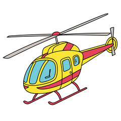 Yellow red helicopter with blue windows aviation transport