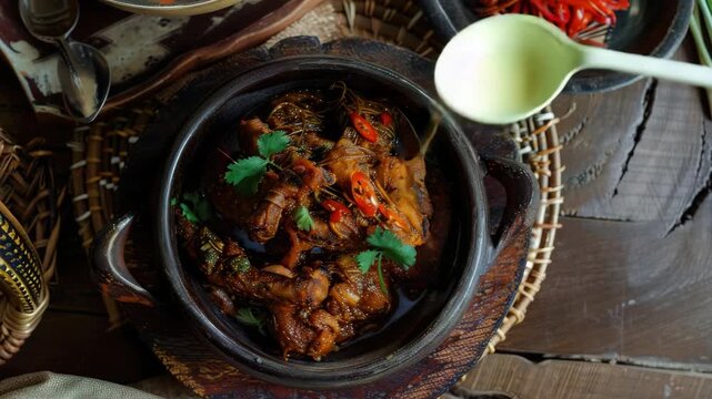 A close-up of a hearty beef stew with a rich curry sauce, garnished with herbs and hot peppers served in a traditional African bowl.