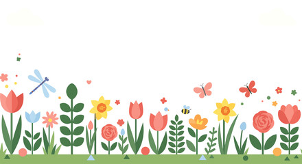A vibrant stylized spring garden illustration with colorful flat design flowers butterflies a bee and a dragonfly.