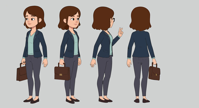 Businesswoman cartoon character turnaround sheet in four poses Female office worker with a briefcase blazer and glasses.