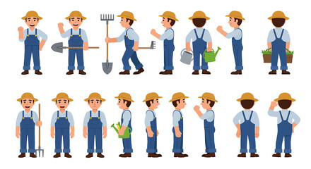 Cartoon farmer character set in various poses Male gardener in blue overalls and hat with tools for animation shown from front side and back views.