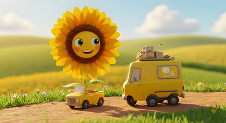 A whimsical tableau showcasing a cheerful sunflower character emerging from a miniature yellow truck, set against a backdrop of gently rolling hills and a clear, blue sky, alongside a delivery van
