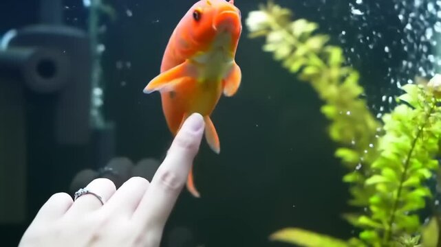 Hand feeding a goldfish in an aquarium