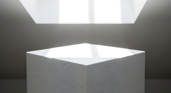 A stark, minimalist composition features a truncated pyramid-shaped concrete pedestal, illuminated from above by a window-like light source.