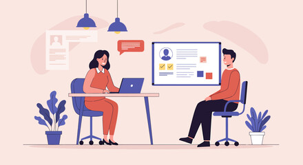 Female recruiter conducting a job interview with a male candidate in a modern office a flat vector illustration.